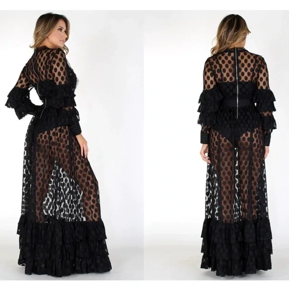 SHEER MESH POLKA DOT TIERED RUFFLE DRESS - Picture 2 of 15